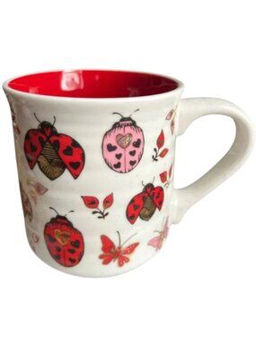 SHEFFIELD HOME Ladybug & Hearts Speckled MUG Sturdy Red Pink Gold 4.5" tall